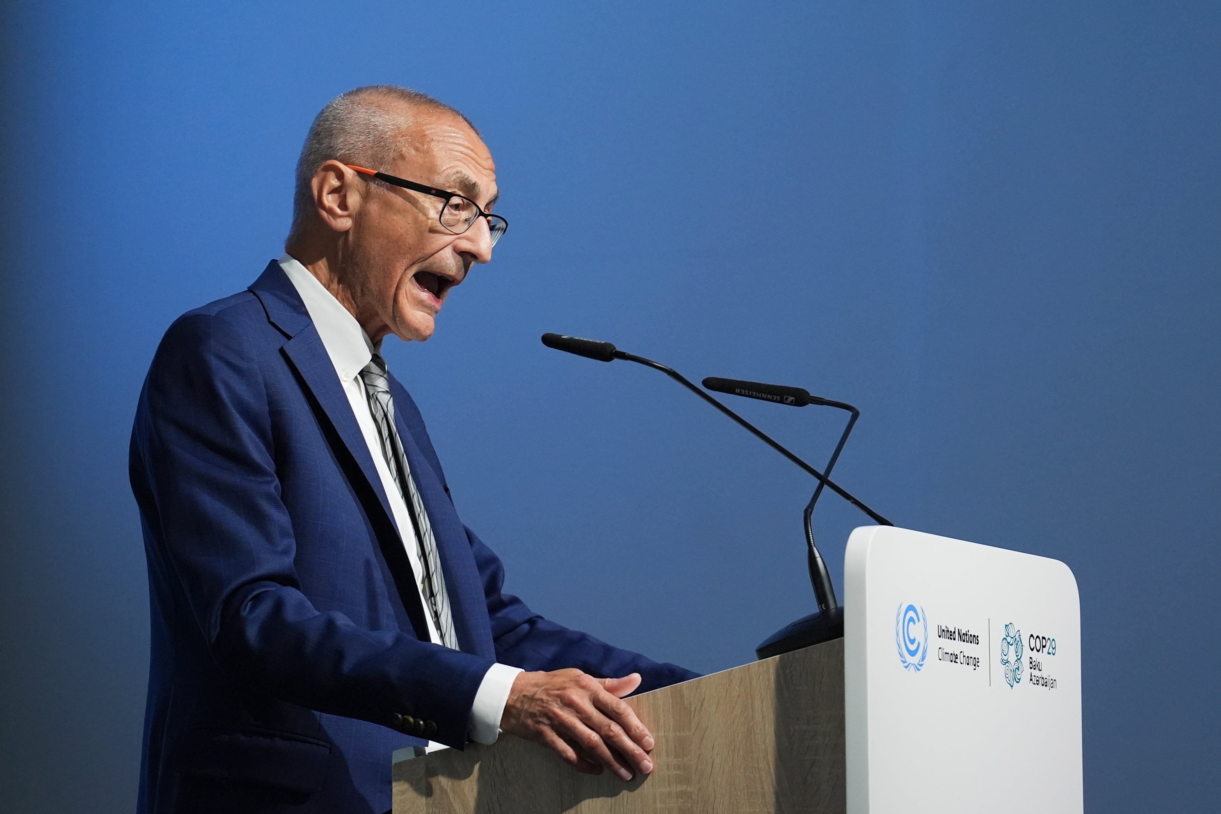 John Podesta, U.S. climate envoy, speaks during a news conference at the COP29 U.N. Climate Summit, on Monday in Baku, Azerbaijan. Podesta is one of the top representatives for the Biden administration at the conference