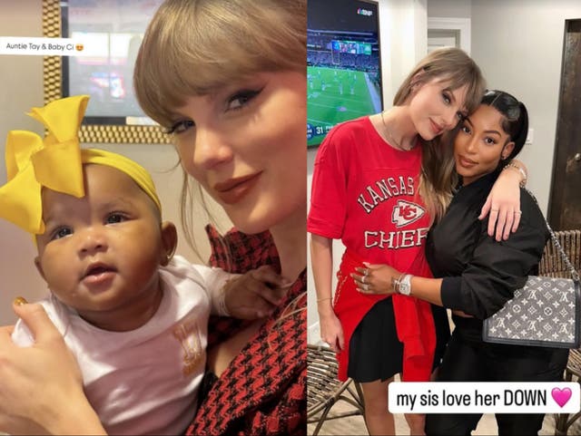 <p>Taylor Swift poses with Chariah Gordon’s 7-month-old daughter Ci in a sweet photo taken in the VIP sweet at the Chiefs versus Broncos game at Arrowhead Stadium in Kansas City</p>