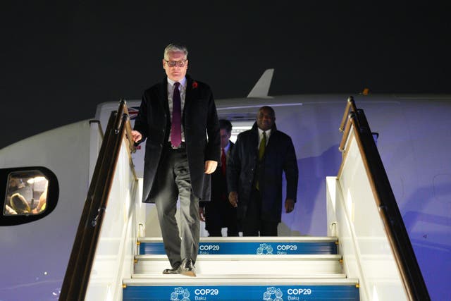 <p>Prime minister Keir Starmer arrives in Baku, Azerbaijan, with foreign secretary David Lammy </p>