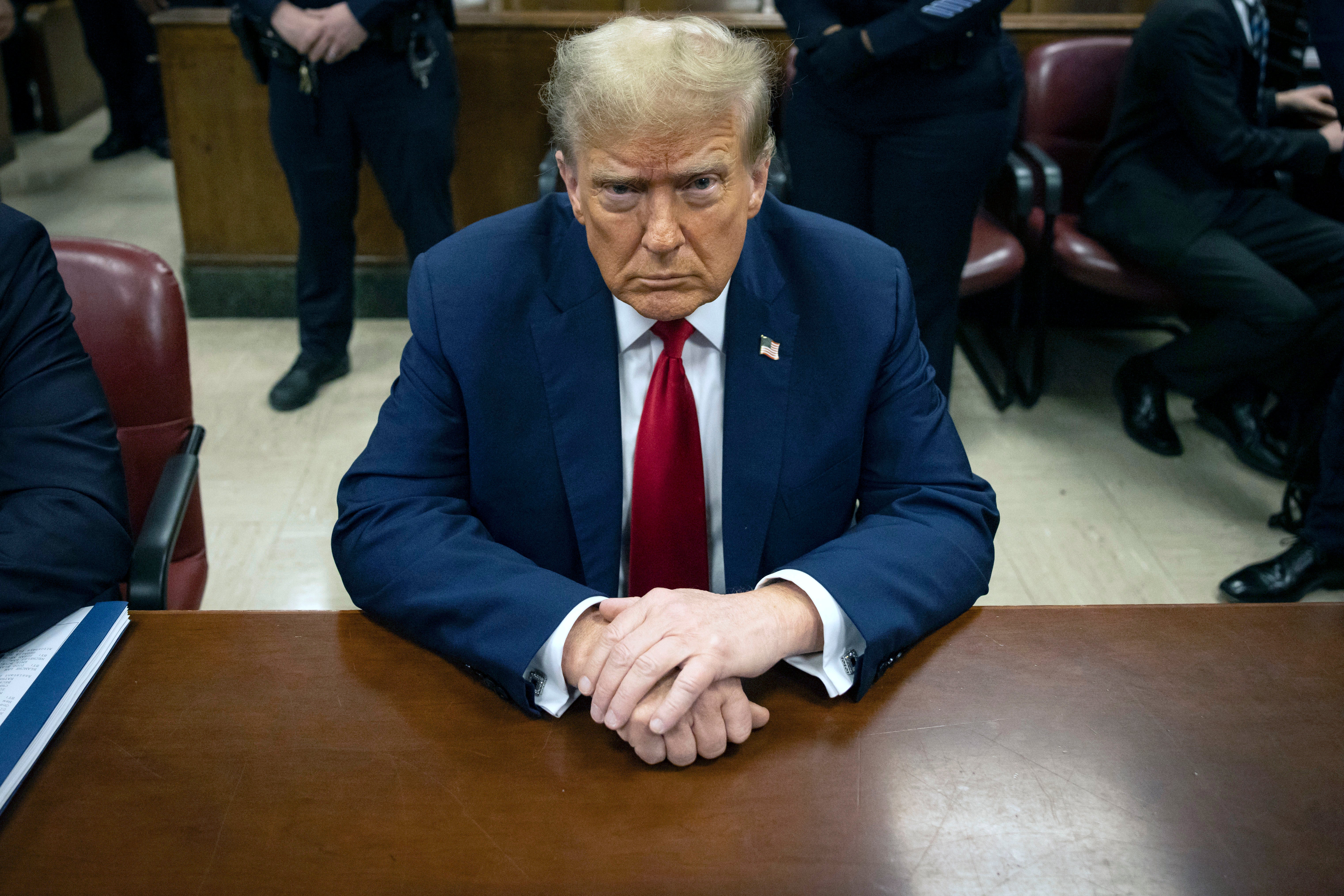 Donald Trump, pictured sitting in New York Justice Juan Merchan’s courtroom in Manhattan in April, will face another delay on whether the verdict in his hush money case can be tossed out