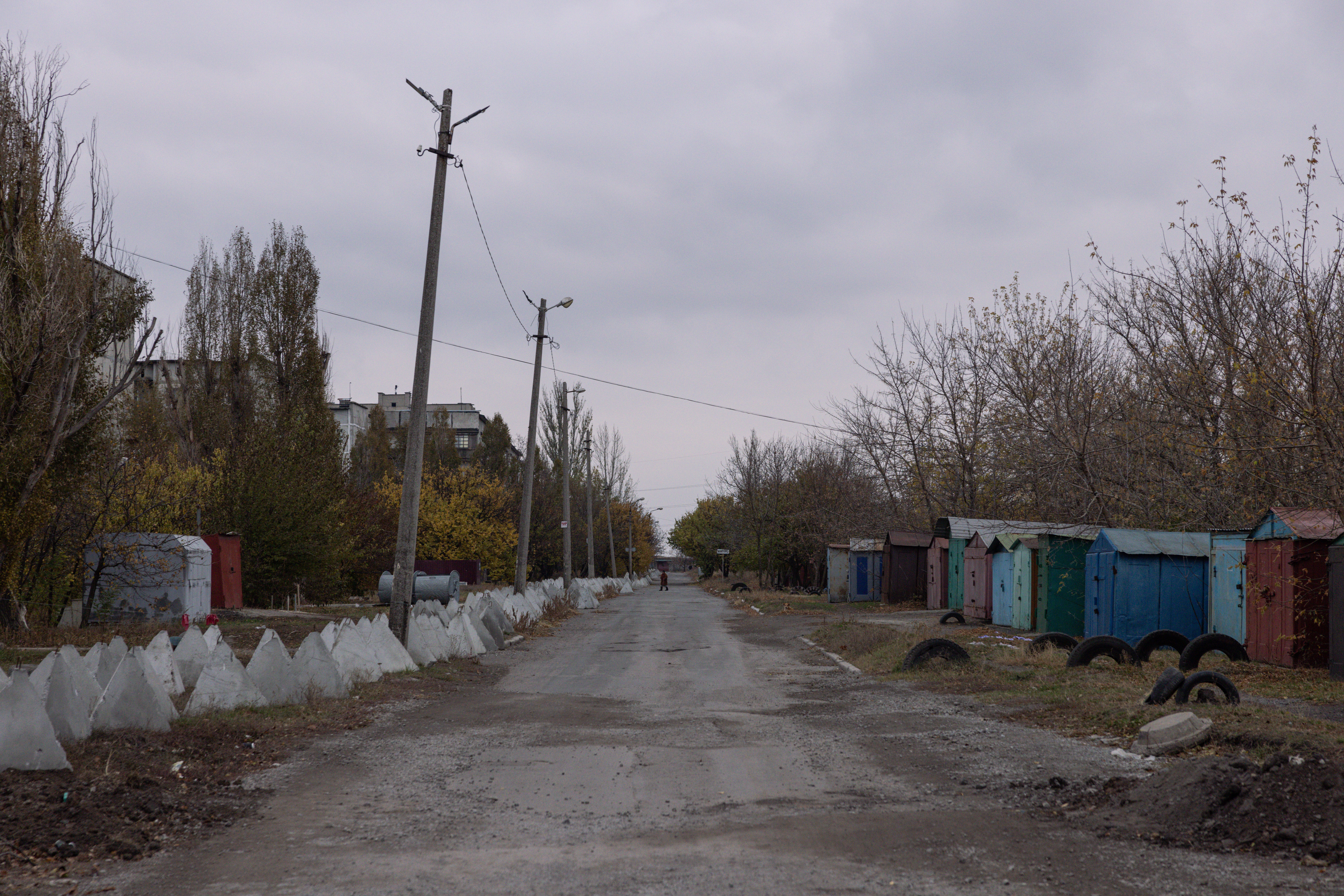 A line of “dragon’s teeth” pyramidal anti-tank obstacles is seen in the eastern part of the city as the Ukrainian army prepares fortifications in Pokrovsk.