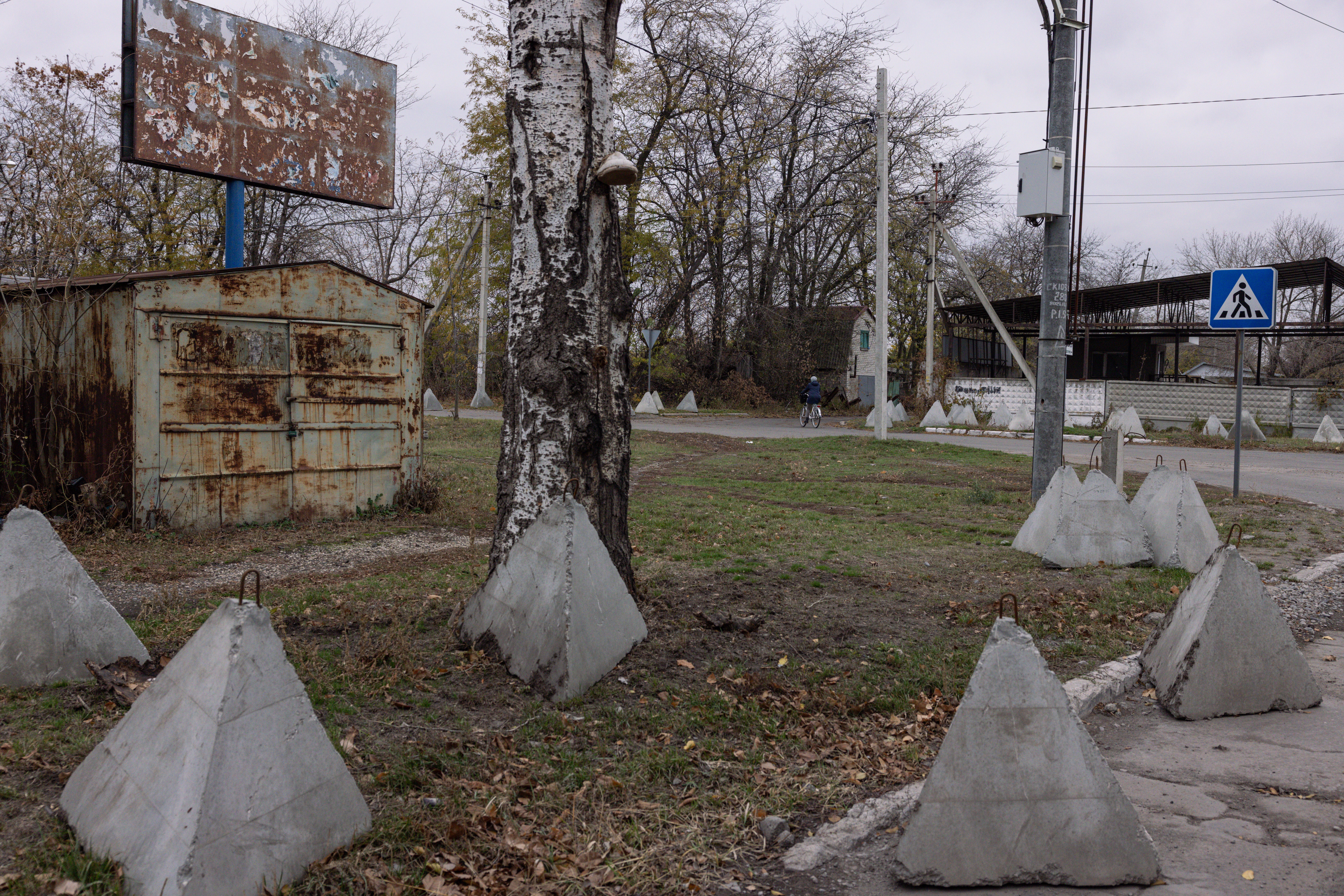 A line of dragon’s teeth is seen in Pokrovsk where around 10,000 civilians remain under the constant threat of artillery and aerial bombs