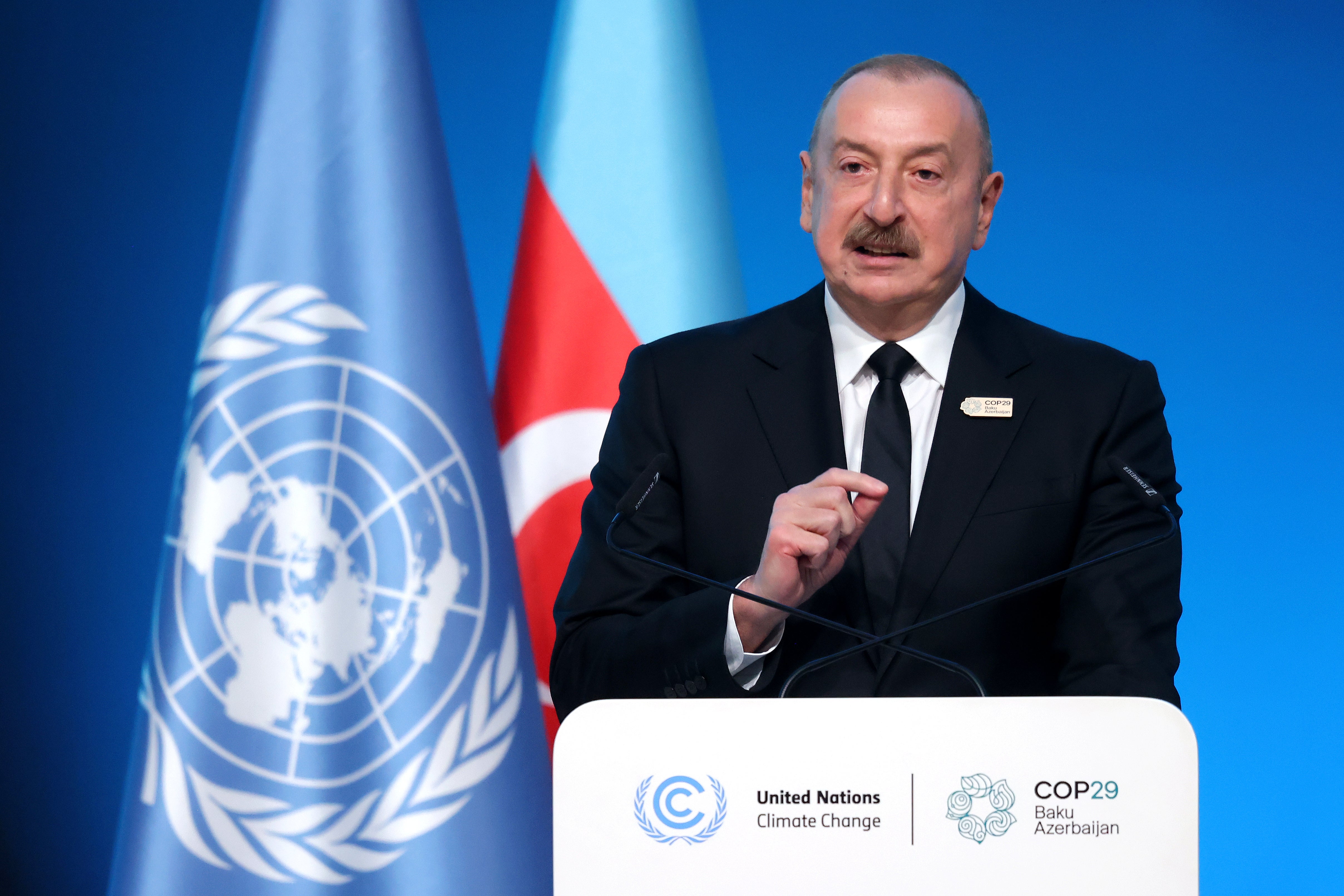 Azerbaijani President Ilham Aliyev delivers a speech during the opening ceremony of the World Leaders Climate Action Summit on day two of the UNFCCC COP29 Climate Conference at Baku Stadium on November 12, 2024 in Baku, Azerbaijan