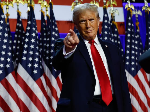 <p>Donald Trump arrives to speak during an election night event at the Palm Beach Convention Center. Analysts warn that the post-election stock market resembles one of 1928 - shortly before the crash that led to the Great Depression </p>