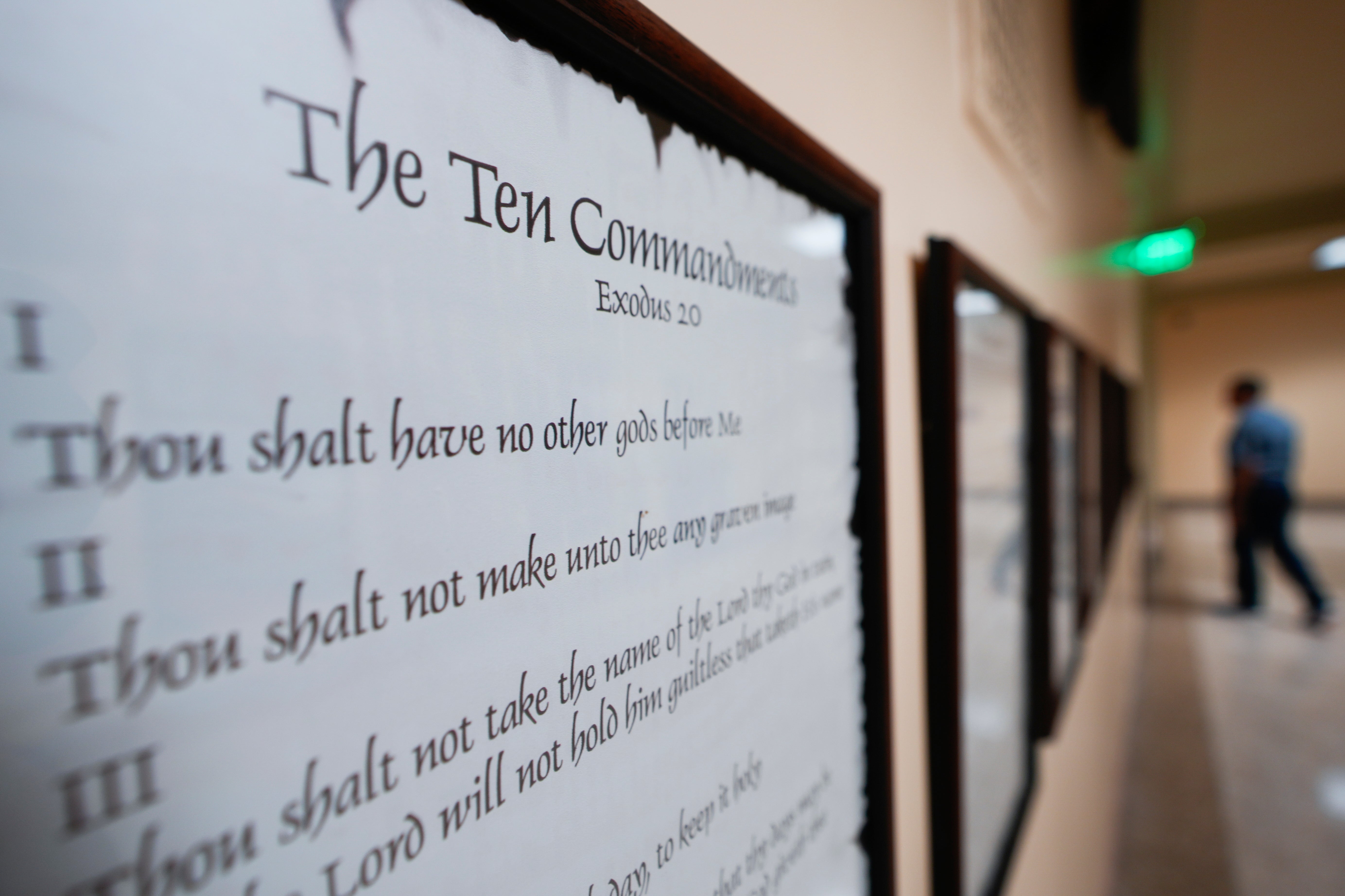 A copy of the Ten Commandments is posted along with other historical documents in a hallway of Georgia’s state capitol. A federal judge has blocked Louisiana’s law requiring similar posters in public school classrooms