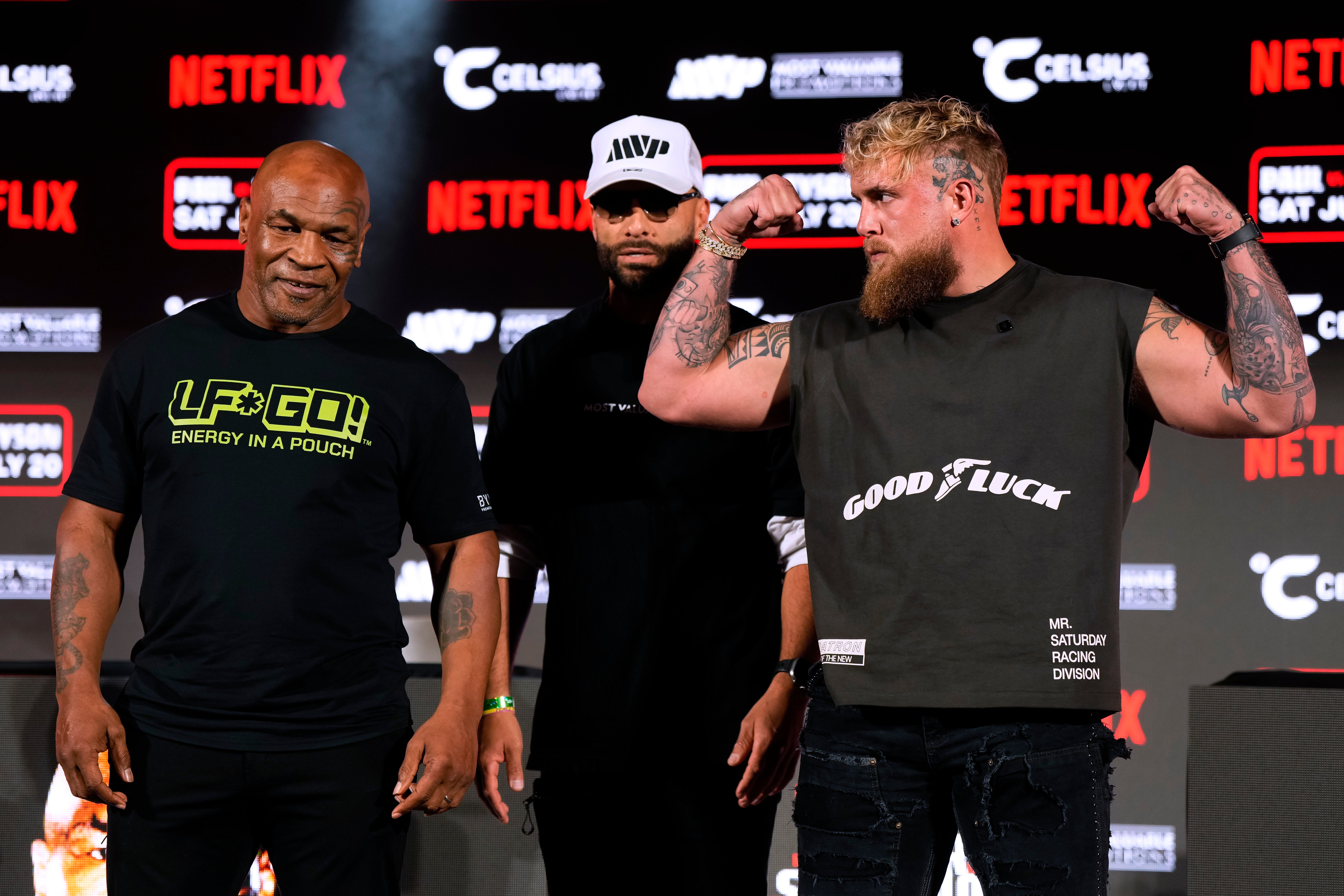 Mike Tyson (left) and Jake Paul at a press conference in May, before their fight was delayed from July until November 15