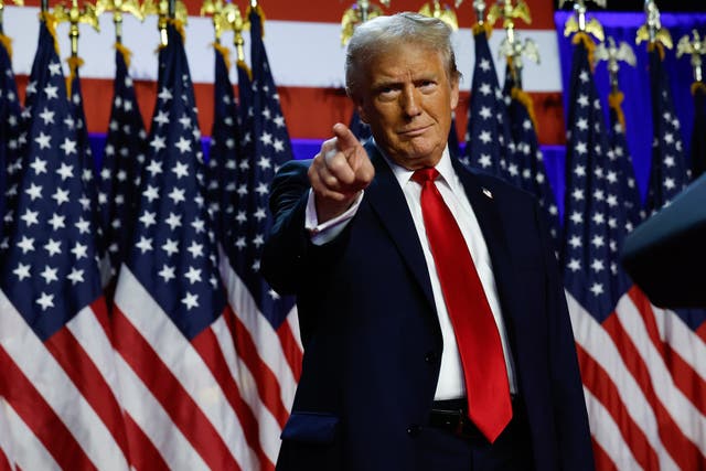 <p>Republican presidential nominee, former U.S. President Donald Trump arrives to speak during an election night event at the Palm Beach Convention Center on November 6, 2024 in West Palm Beach, Florida</p>