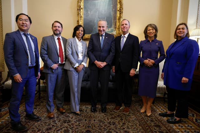 <p>U.S. Senate Majority Leader Charles Schumer (D-NY) (C) meets with newly elected Democratic Senators, (L-R) Senator-elect Andy Kim (D-NJ), Senator-elect Ruben Gallego (D-AZ), Senator-elect Angela Alsobrooks (D-MD) Senator-elect Adam Schiff (D-CA) Senator-elect Lisa Blunt Rochester (D-DE) and Senator-elect Elissa Slotkin (D-MI) at the U.S. Capitol. </p>