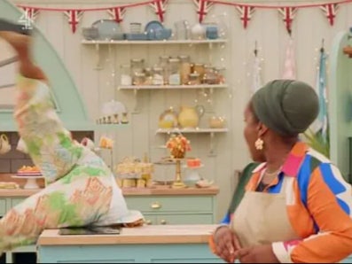 Alison Hammond falls off a worktop on Great British Bake Off