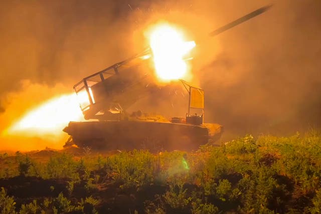 <p>The Russian army's multiple rocket launcher Solntsepyok fires towards Ukrainian positions in the Kursk region</p>