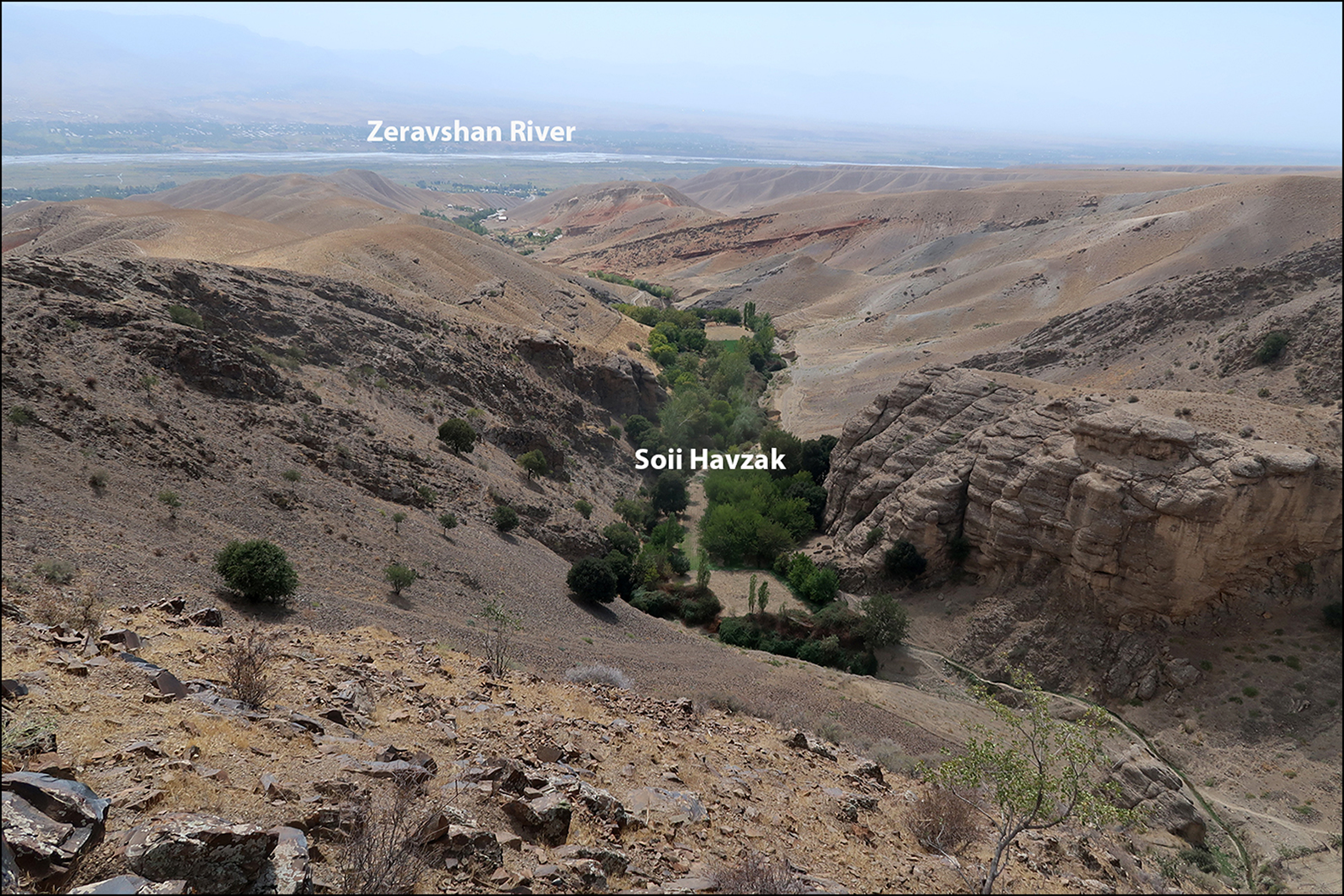 View on Zeravshan river valley from Soii Havzak