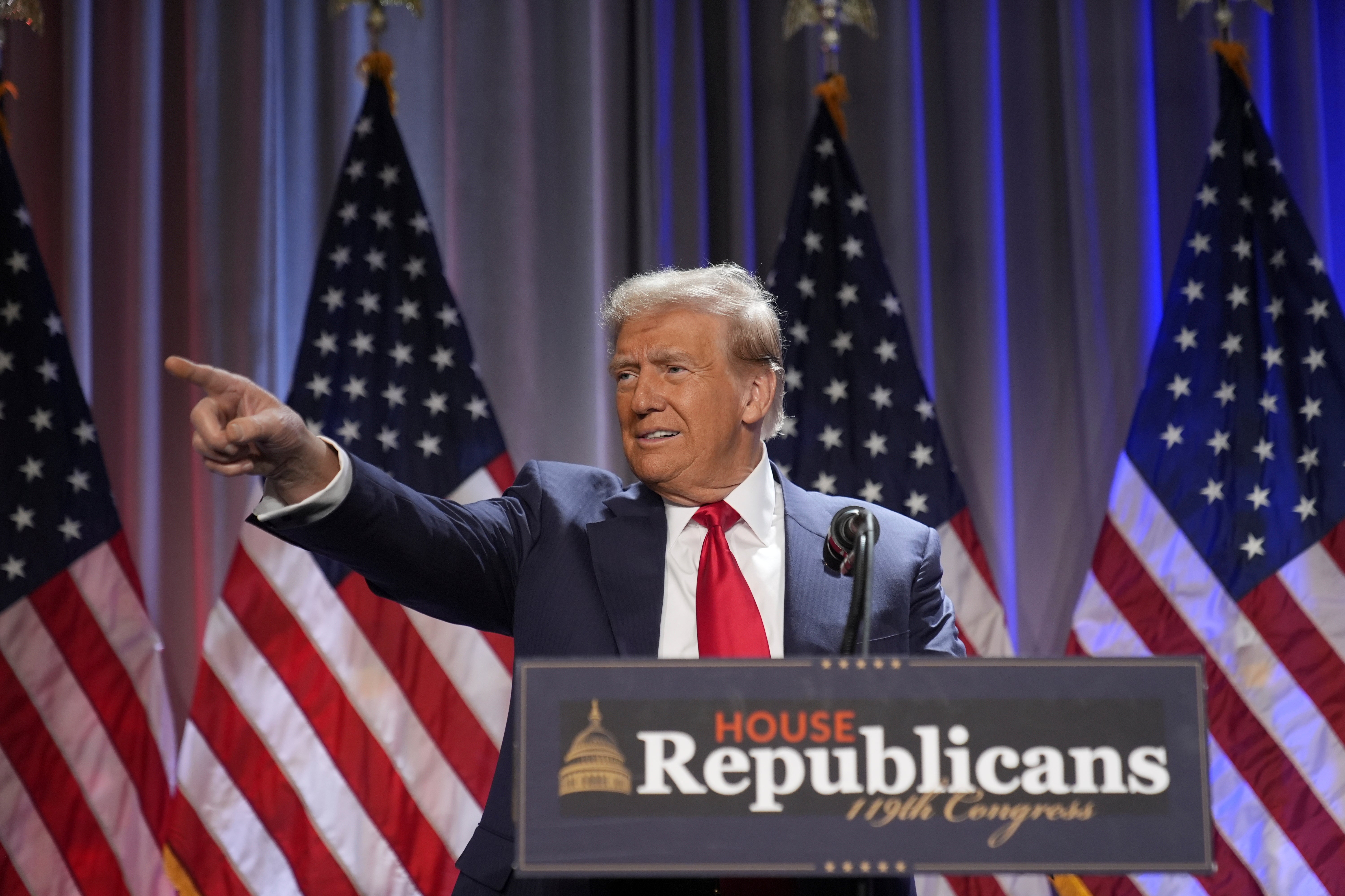 President-elect Donald Trump speaks as he arrives for a meeting with the House GOP conference on Wednesday November 13 2024 in Washington DC