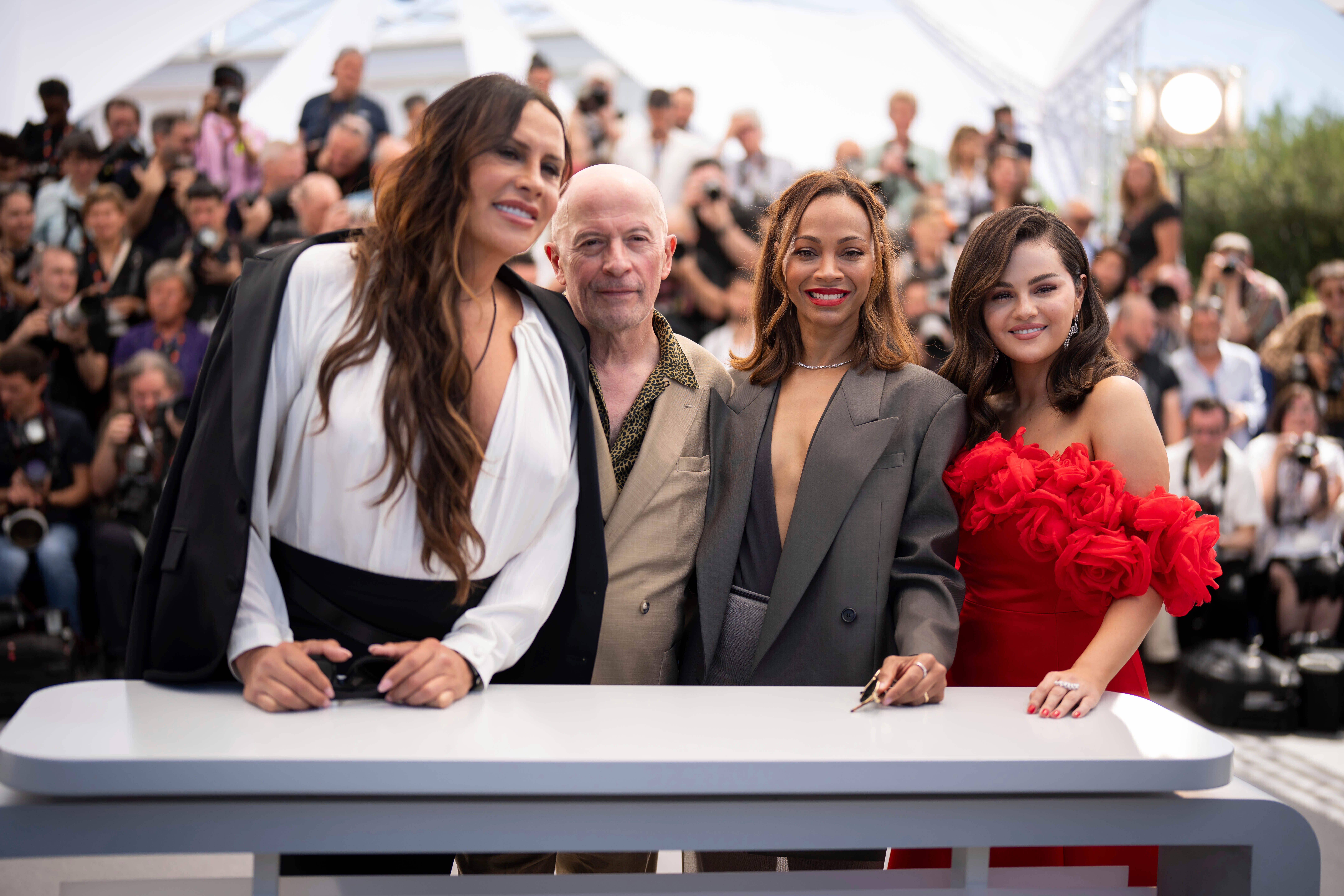 Zoe Saldaña pictured with Selena Gomez (right), Karla Sofía Gascón (left), and director Jacques Audiard at Cannes, where the actors shared the award for ‘Best Actress’