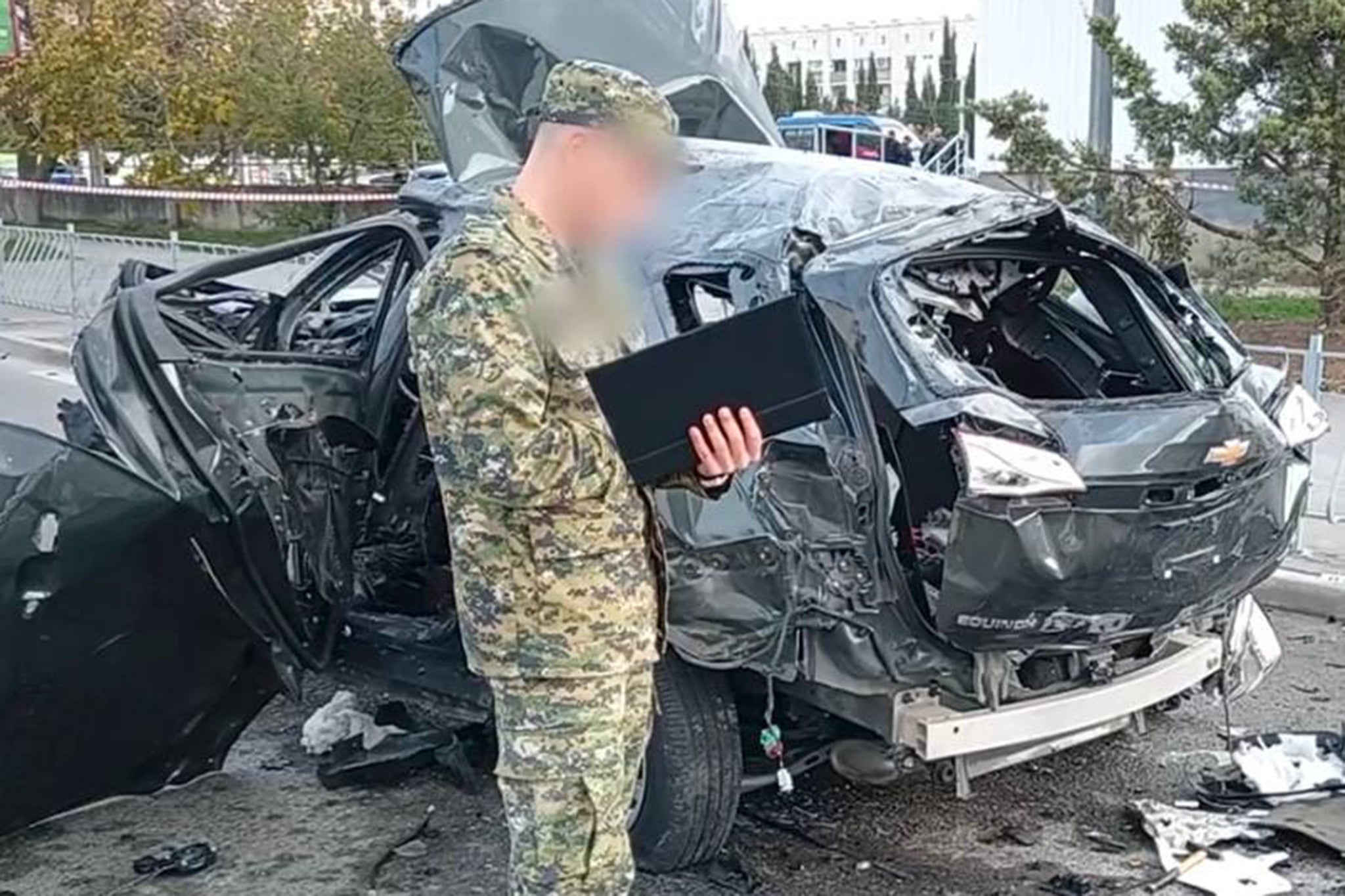 The remains of a car that exploded in Sevastopol, killing Valery Trankovsky