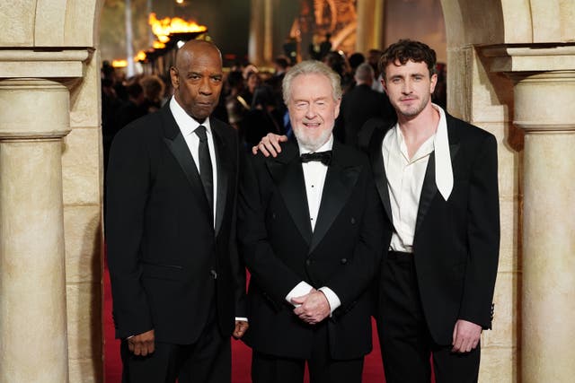 <p>Denzel Washington, Sir Ridley Scott and Paul Mescal at the Gladiator II premiere (Ian West/PA)</p>