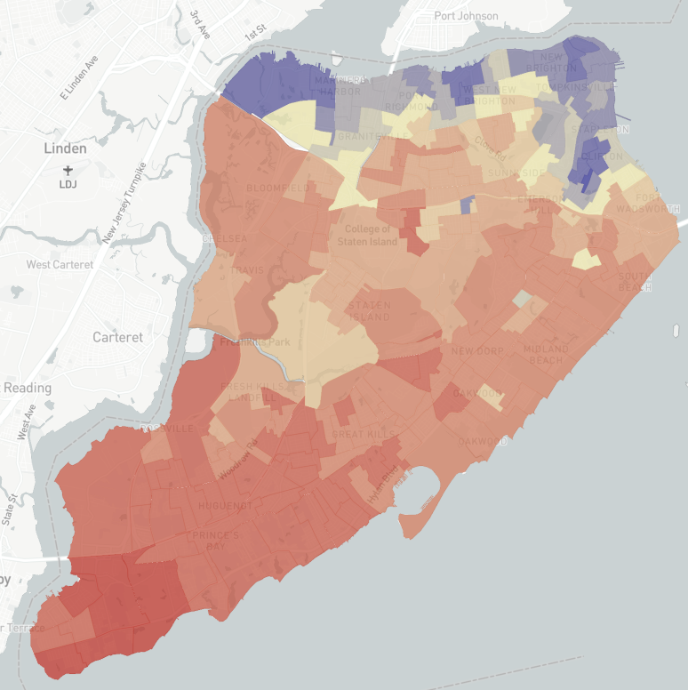 Mapa dos padrões de votação em Staten Island por distrito, nas eleições presidenciais de 2024.