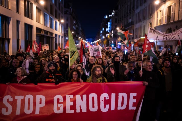 <p>Protestors take part in a rally against the ‘Israel is Forever’ gala organised by Franco-Israeli figures to raise funds for the Israeli military in Paris on 13 November 2024</p>