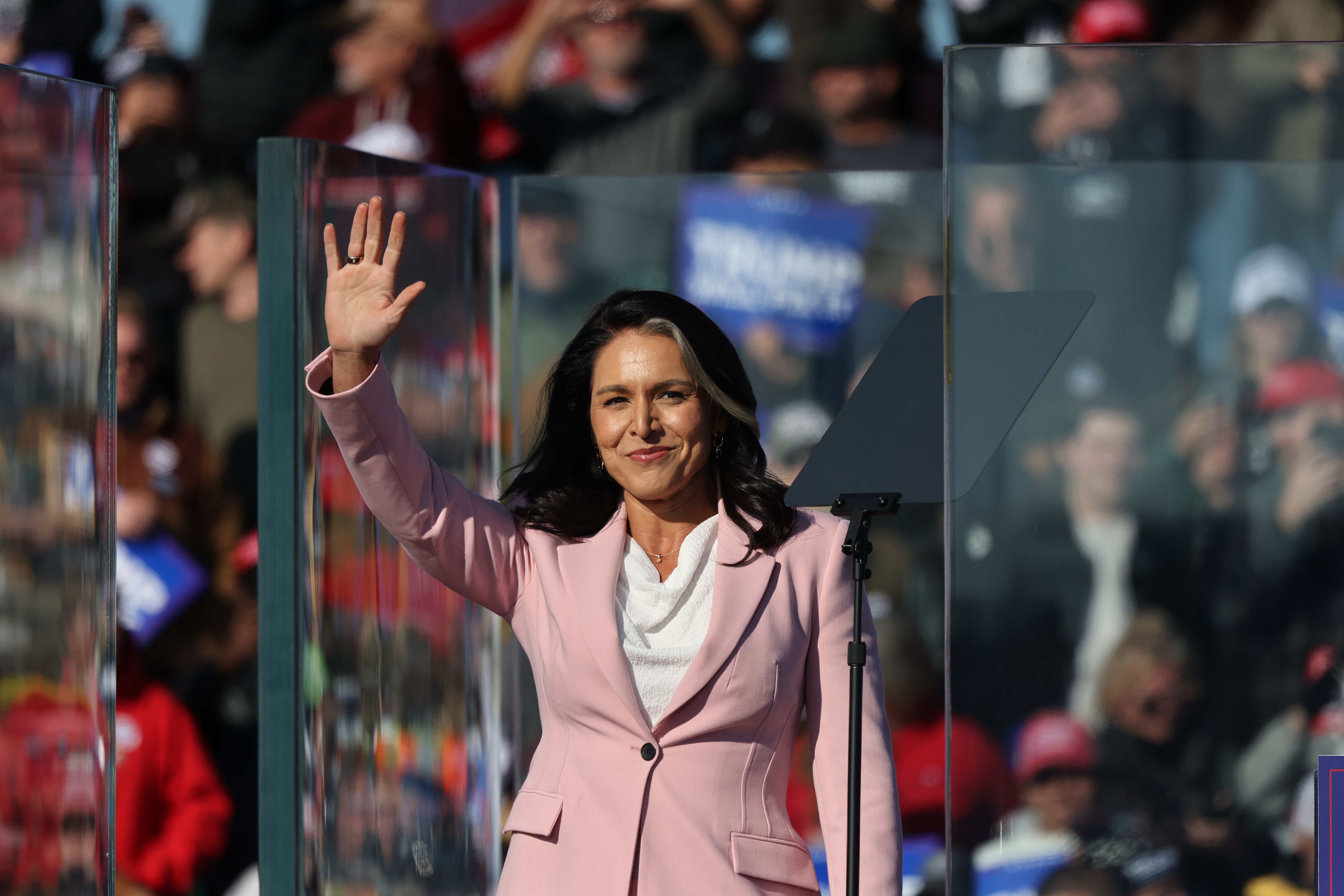 Tulsi Gabbard takes the stage during a Trump campaign rally at Lancaster Airport on November 3, 2024, in Lititz, Pennsylvania. She has been nominated to serve as the Director of National Intelligence