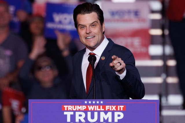 <p>Matt Gaetz speaks at a Donald Trump rally. He has long been a supporter of the former president, which likely helped land him the attorney general nomination </p>