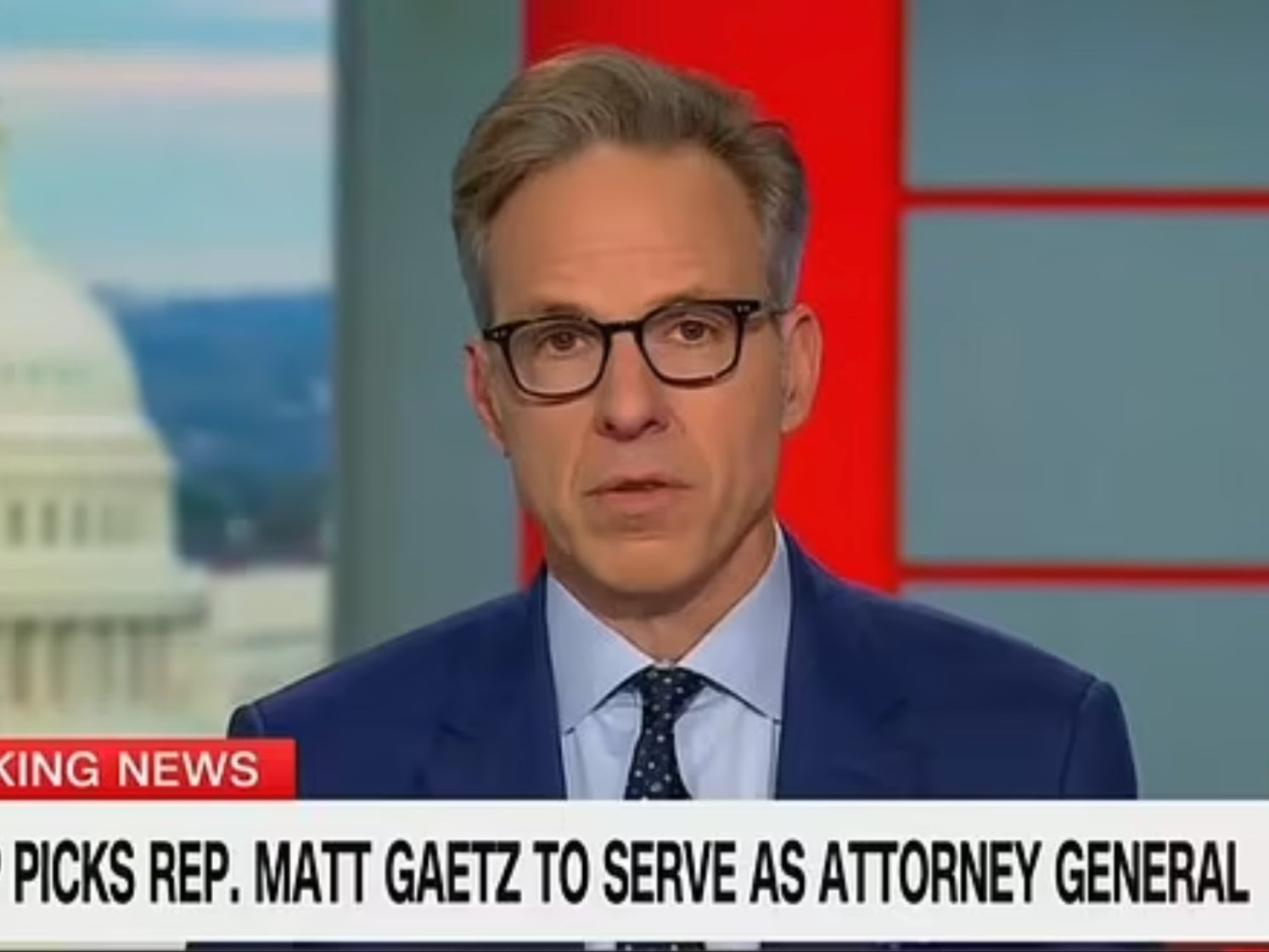 CNN anchor Jake Tapper reacts to news that Matt Gaetz has been selected to serve as US Attorney General