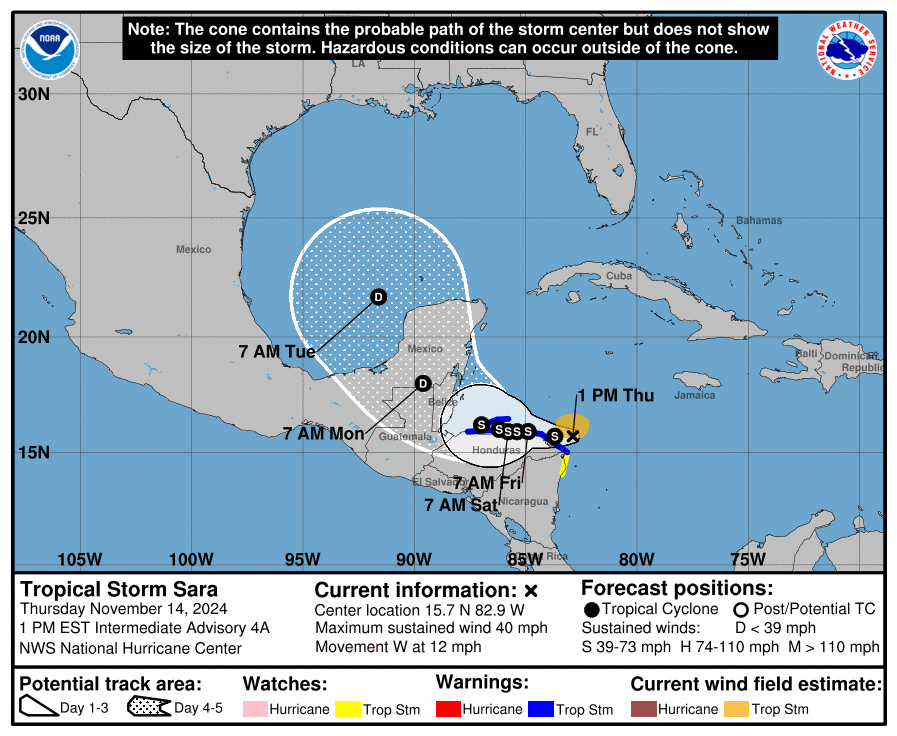 A map from the National Hurricane Center shows Tropical Storm Sara’s forecast track and coastal watches and warnings related to the storm.