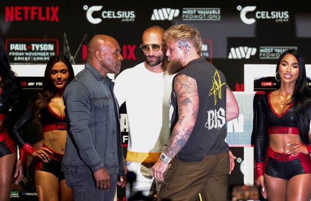 <p>Jake Paul and Mike Tyson squared up at Wednesday’s press conference </p>