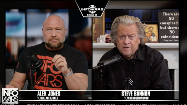 <p>Alex Jones and Steve Bannon appear on Infowars moments before the website was taken down on November 14.</p>