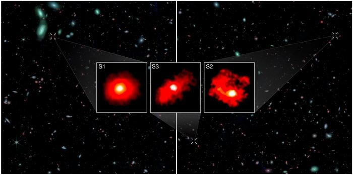 The three “Red Monsters” as seen by the James Webb Space Telescope. The dusty galaxies challenge current models of galaxy formation, scientists say.