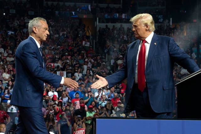 <p>Robert F. Kennedy Jr. and Donald Trump shake hands during a campaign rally at Desert Diamond Arena on August 23, 2024 in Glendale, Arizona. Anti-abortion advocates are pushing back on his nomination for HHS Secretary —  but pro-abortion advocates are too </p>