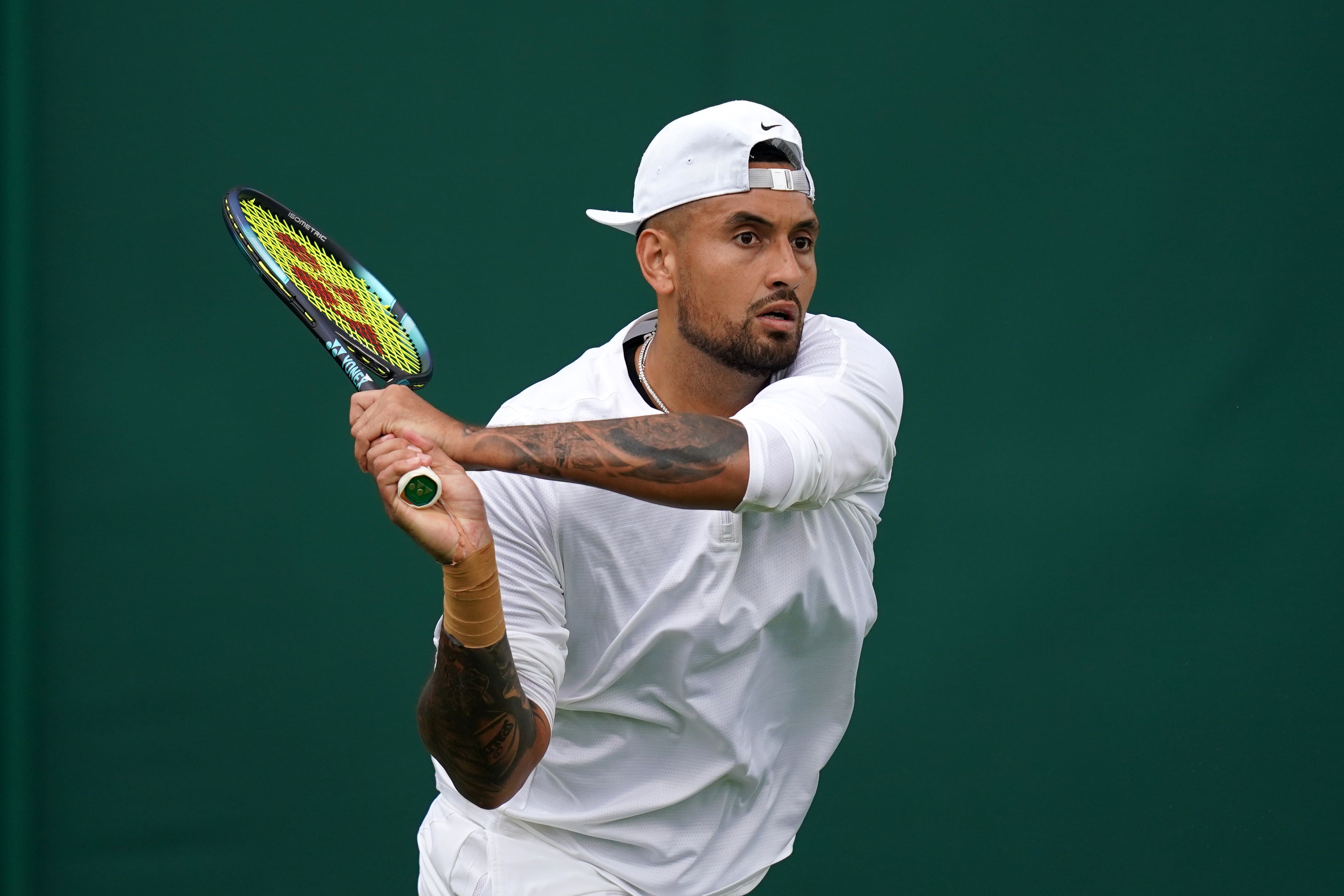 Nick Kyrgios practices at the All England Lawn Tennis and Croquet Club in Wimbledon, ahead of the 2023 championships (John Walton/PA)