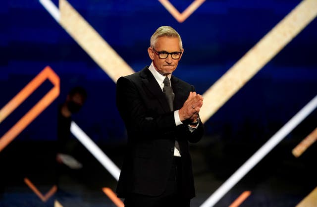 <p>Gary Lineker on stage during the BBC Sports Personality of the Year Awards in 2021.</p>