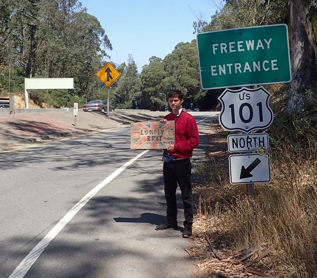 <p>Nico hitching his first ride in California in 2017 </p>