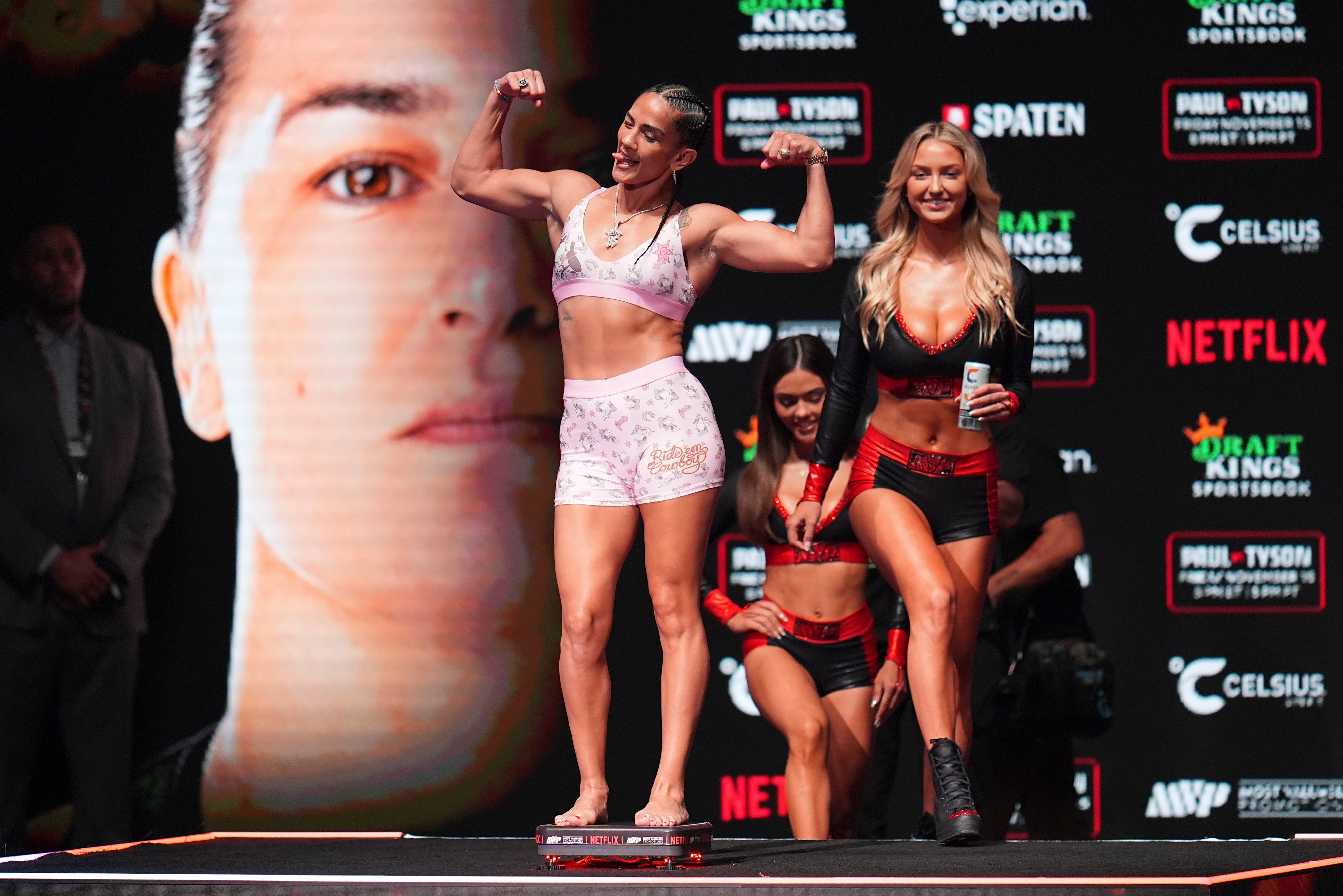 Amanda Serrano ahead of her super lightweight title bout against Katie Taylor, (Julio Cortez/AP)