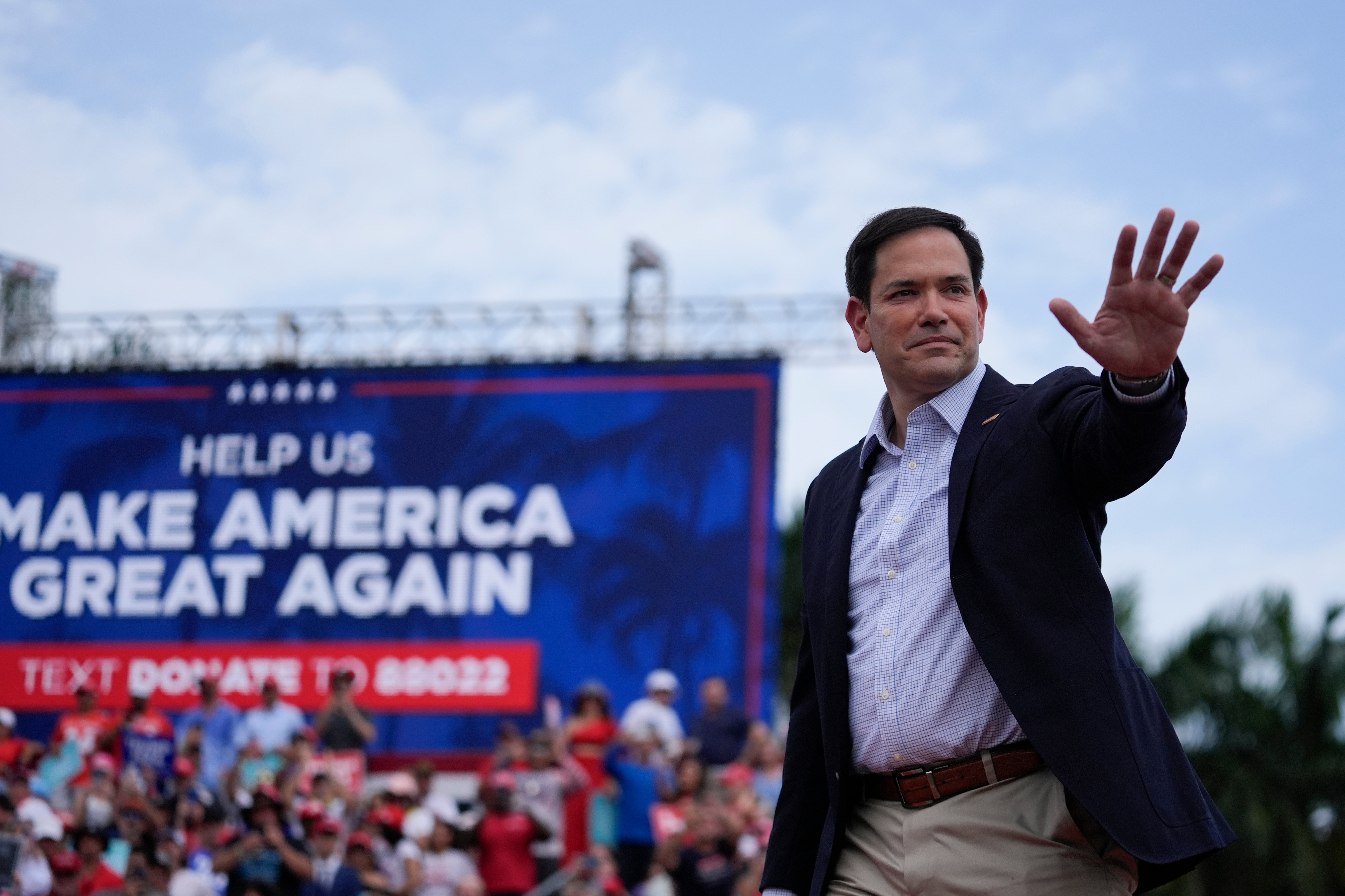 Marco Rubio arrives to speak before Republican presidential candidate Donald Trump at a campaign rally in Miami