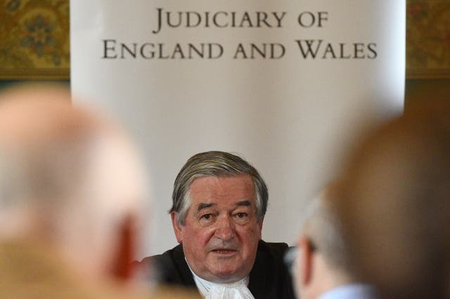 <p>Sir James Munby, holds a press conference on the day of his retirement as President of the Family Division, at the Royal Courts of Justice in London. </p>