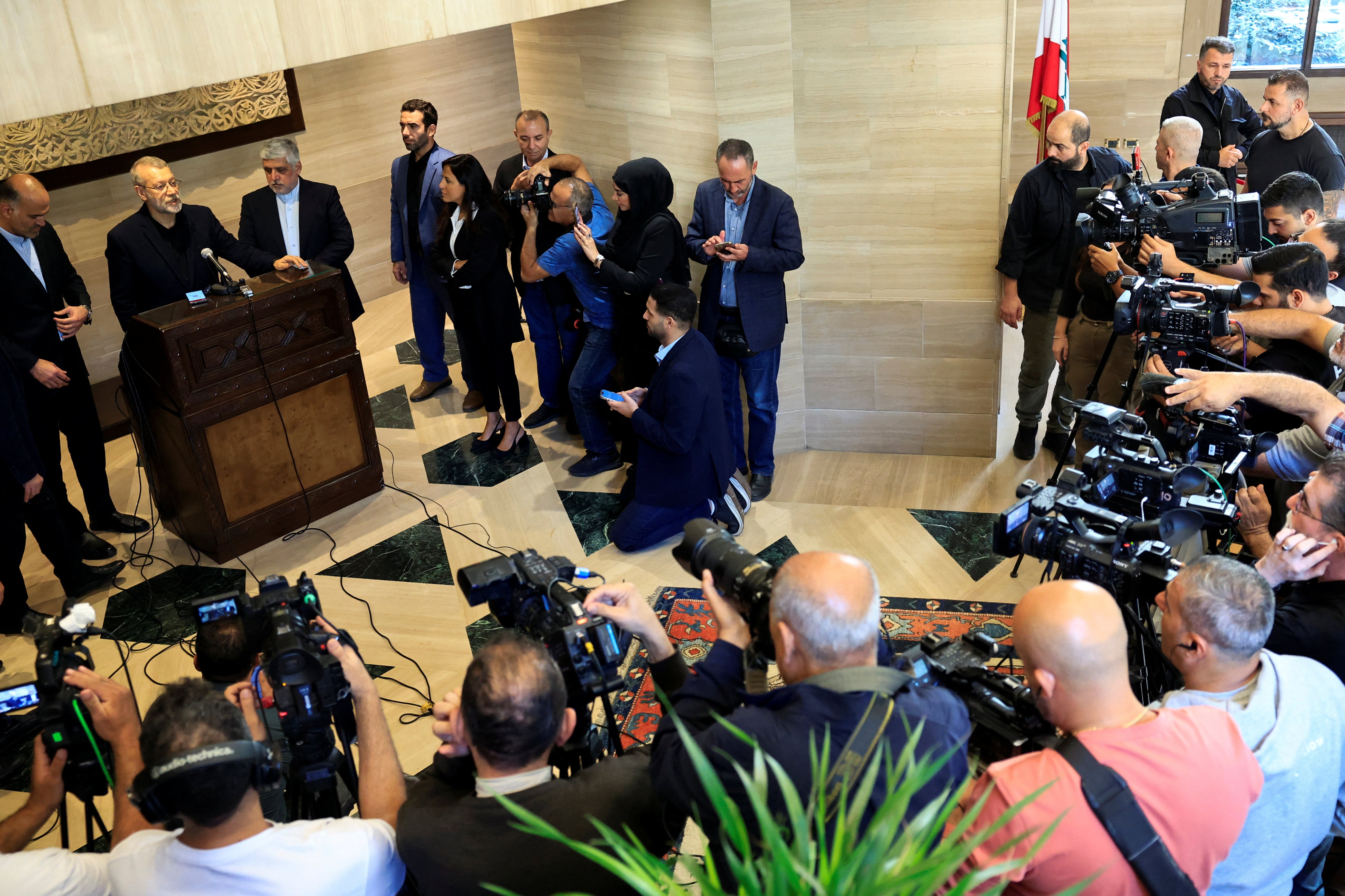 Ali Larijani, former chairman of the parliament of Iran, attends a press conference after meeting with Lebanese Parliament Speaker Nabih Berri in Beiru