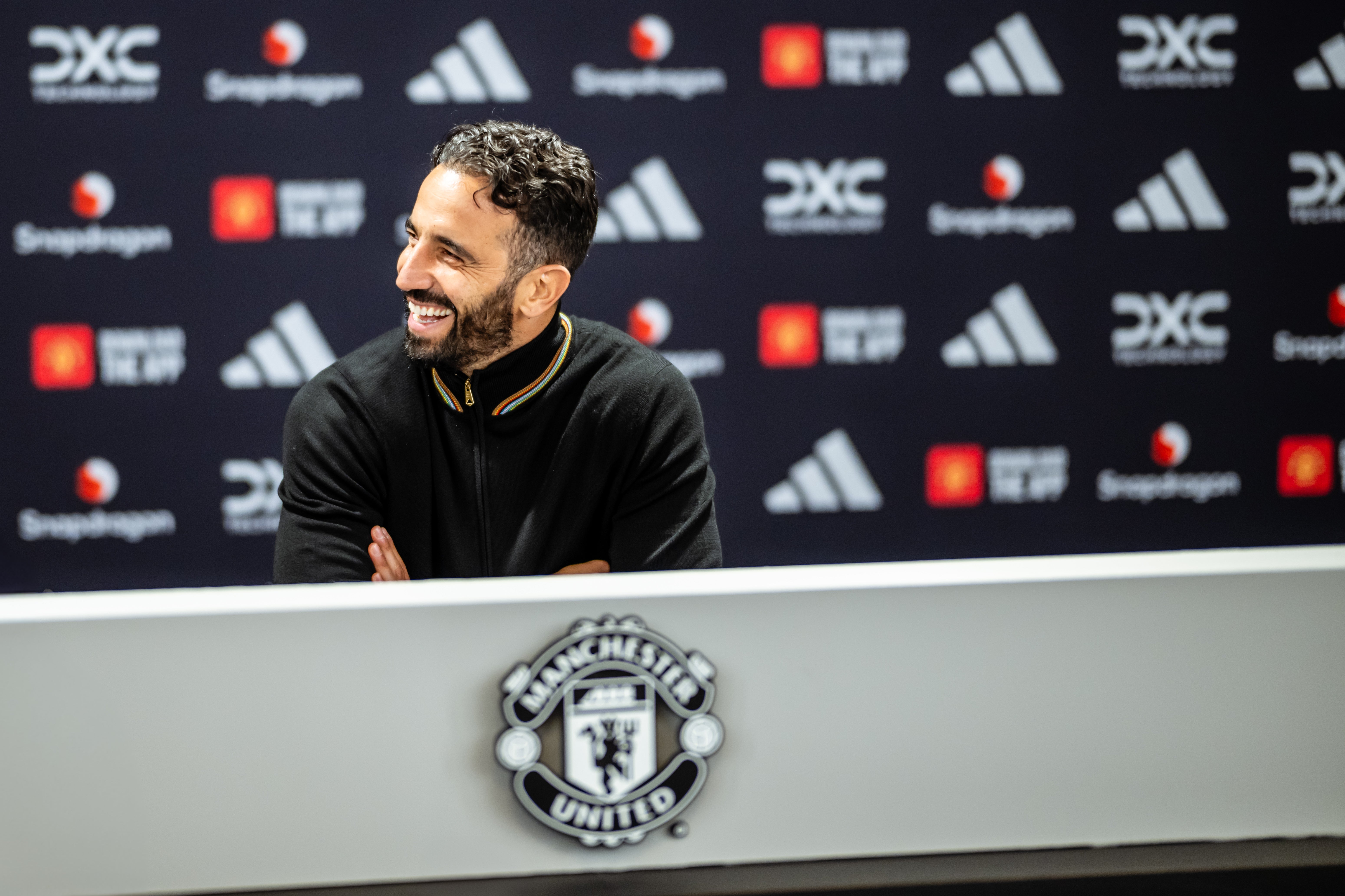 Ruben Amorim getting to grips with the media centre at Old Trafford