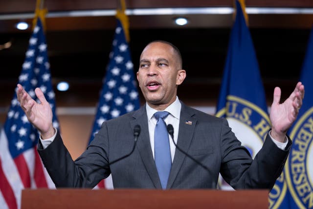 <p>Hakeem Jeffries holds a press conference on Capitol Hill.</p>