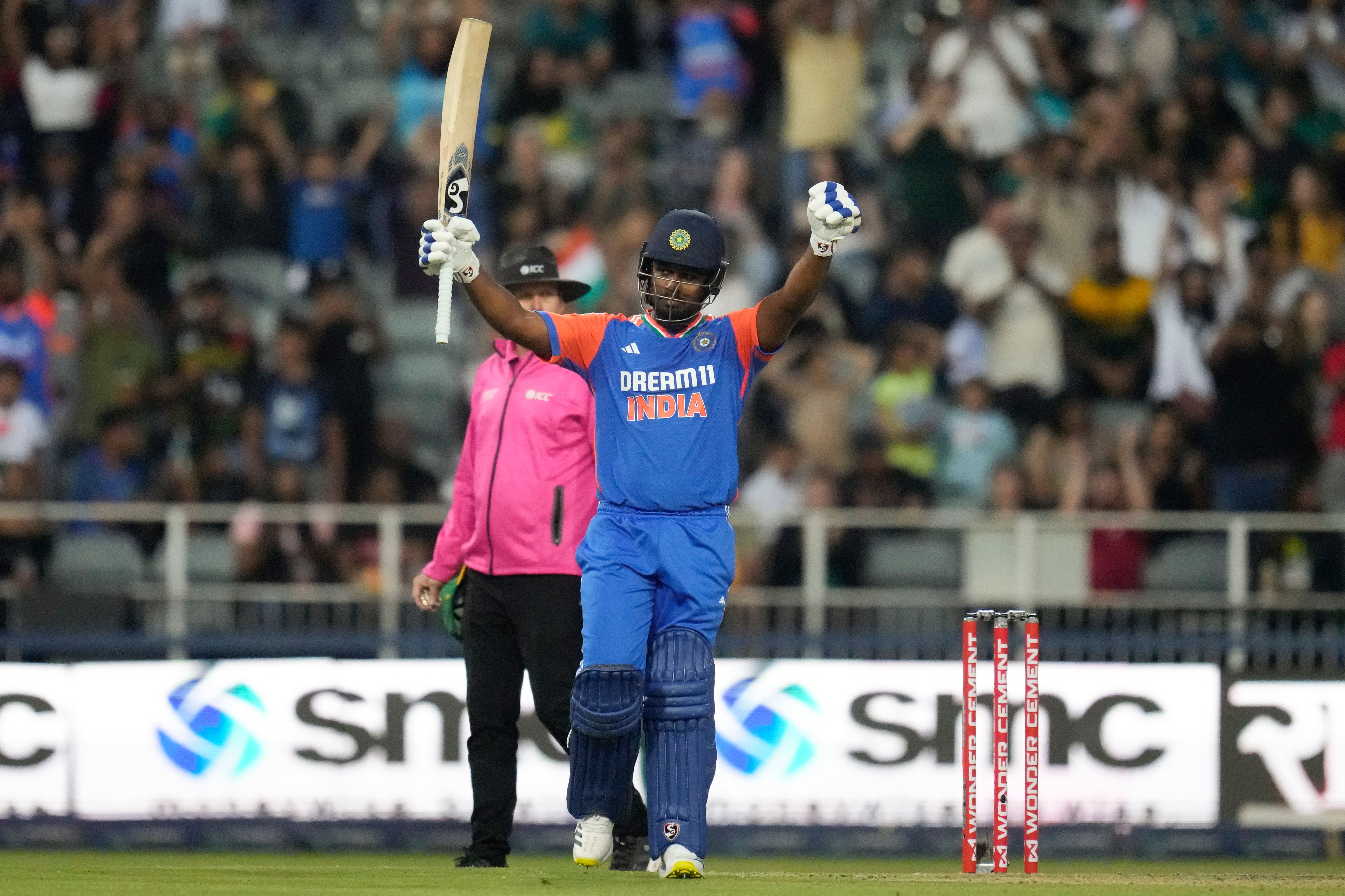 Sanju Samson’s latest onslaught continued a remarkable month in T20 internationals (Themba Hadebe/AP)