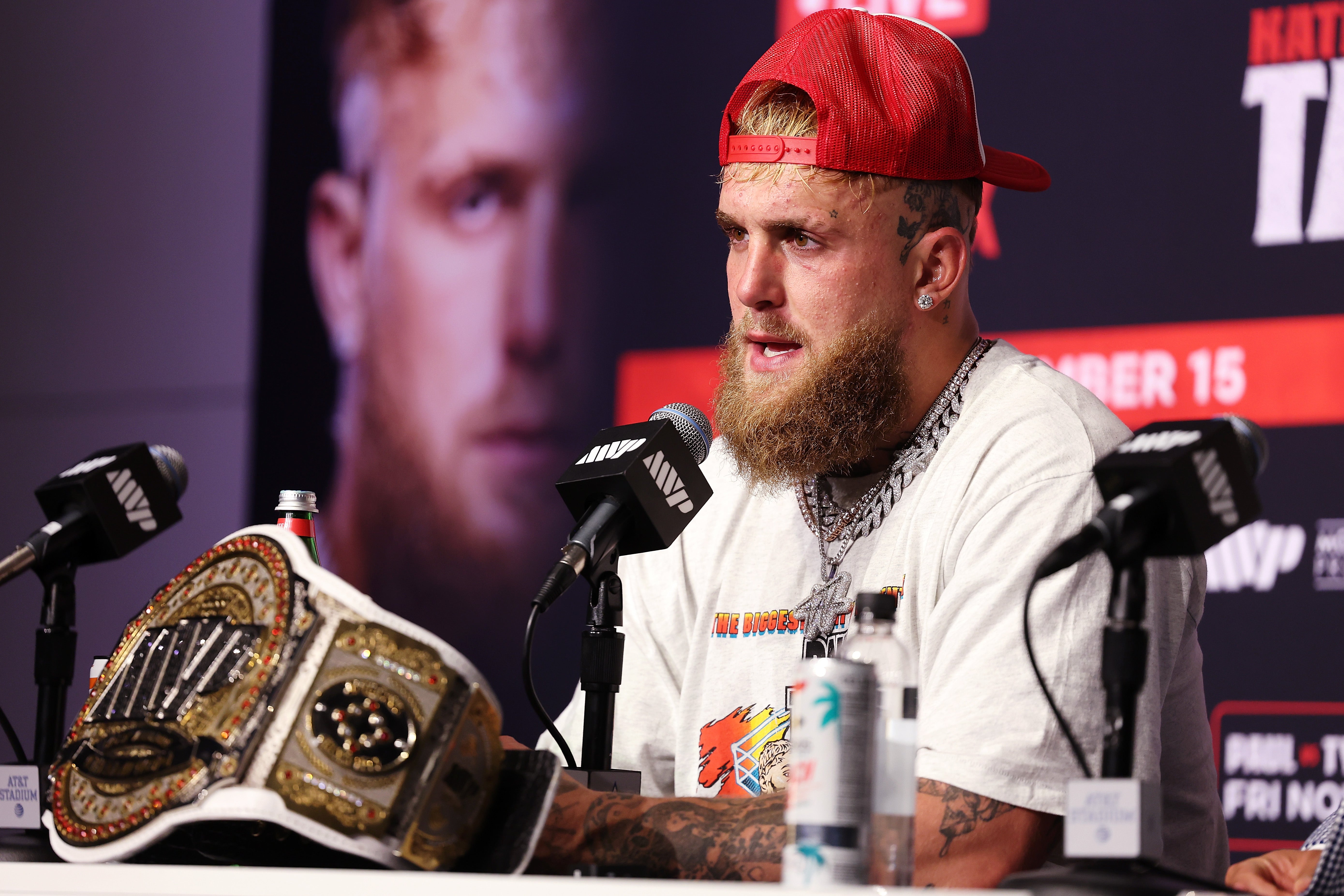 Jake Paul speaks during the post match press conference