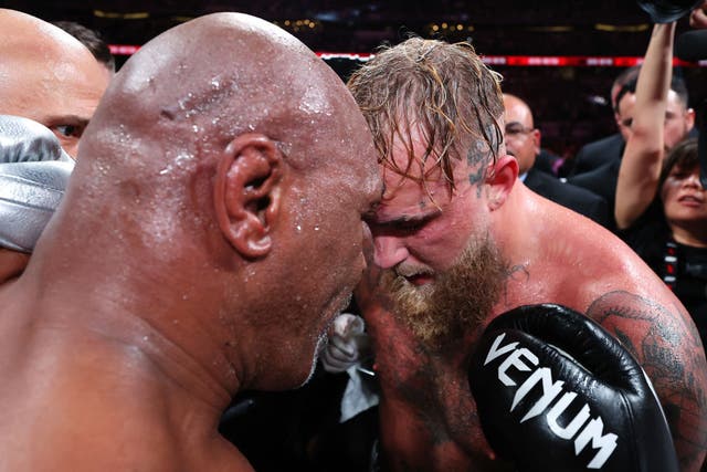 <p>Mike Tyson (left) and Jake Paul after their fight </p>