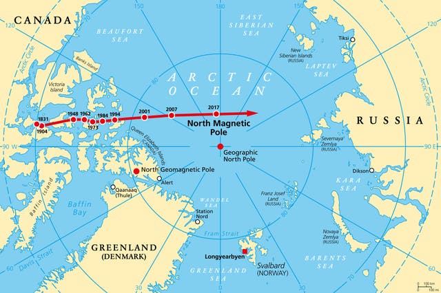 <p>Compass needles in the northern hemisphere point in the direction of the magnetic North Pole, and the location varies as a result of the changing contours of Earth's magnetic fields</p>