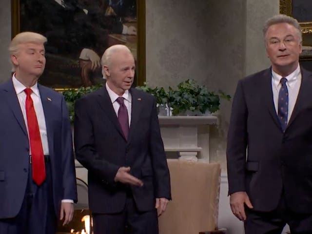 <p>Alec Baldwin appears as Robert F. Kennedy Jr. on ‘Saturday Night Alive’ alongside James Austin Johnson as Donald Trump and Dana Carvey as Joe Biden</p>