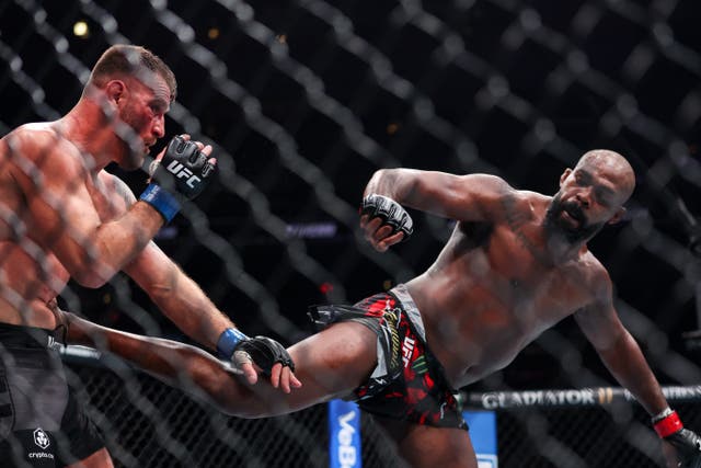 <p>Jon Jones finished Stipe Miocic with a spinning back kick to the body</p>