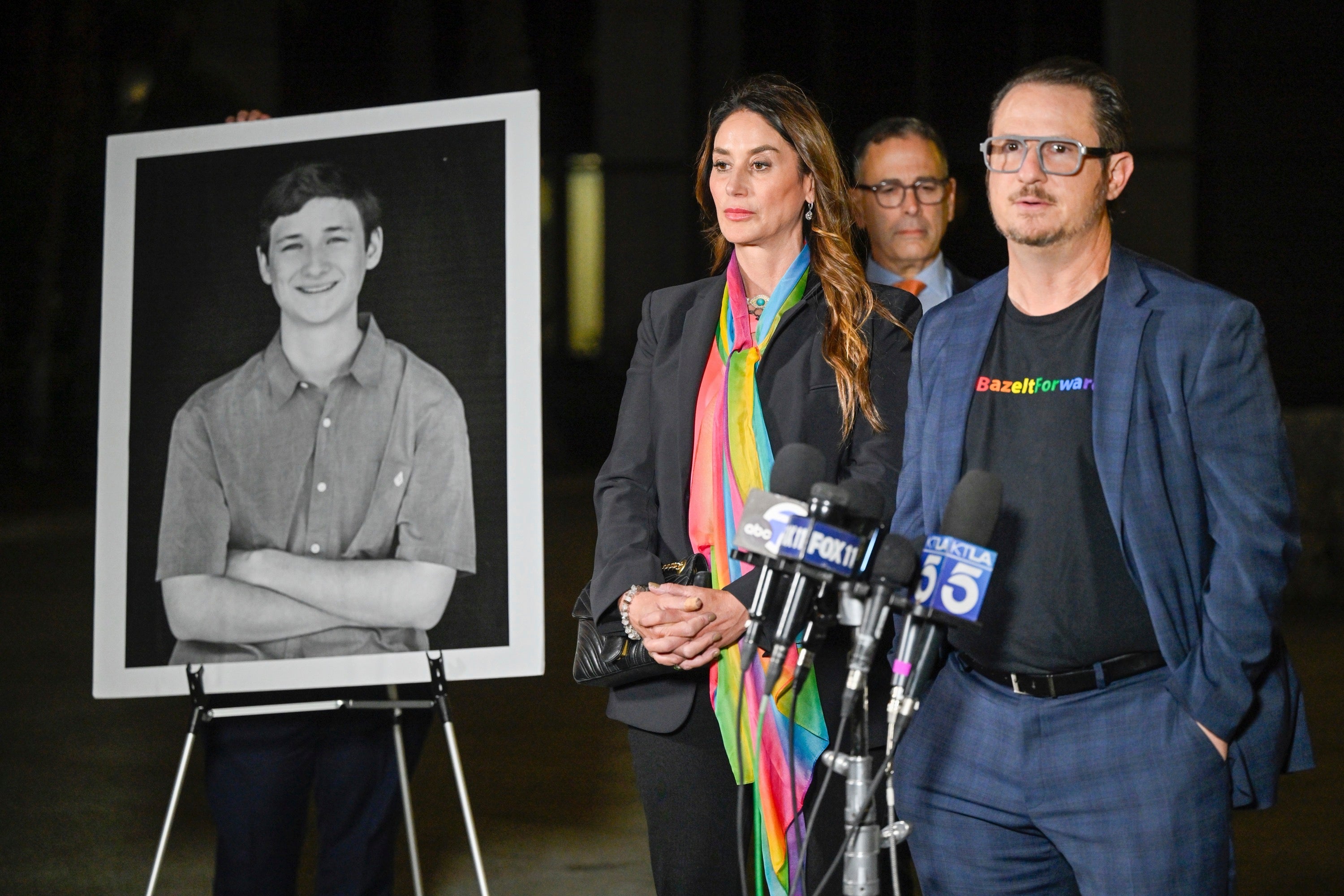 Gideon Bernstein and Jeanne Pepper Bernstein, parents of Blaze Bernstein, speak during a press conference after Samuel Woodward was sentenced to life without parole at Orange County Superior Court