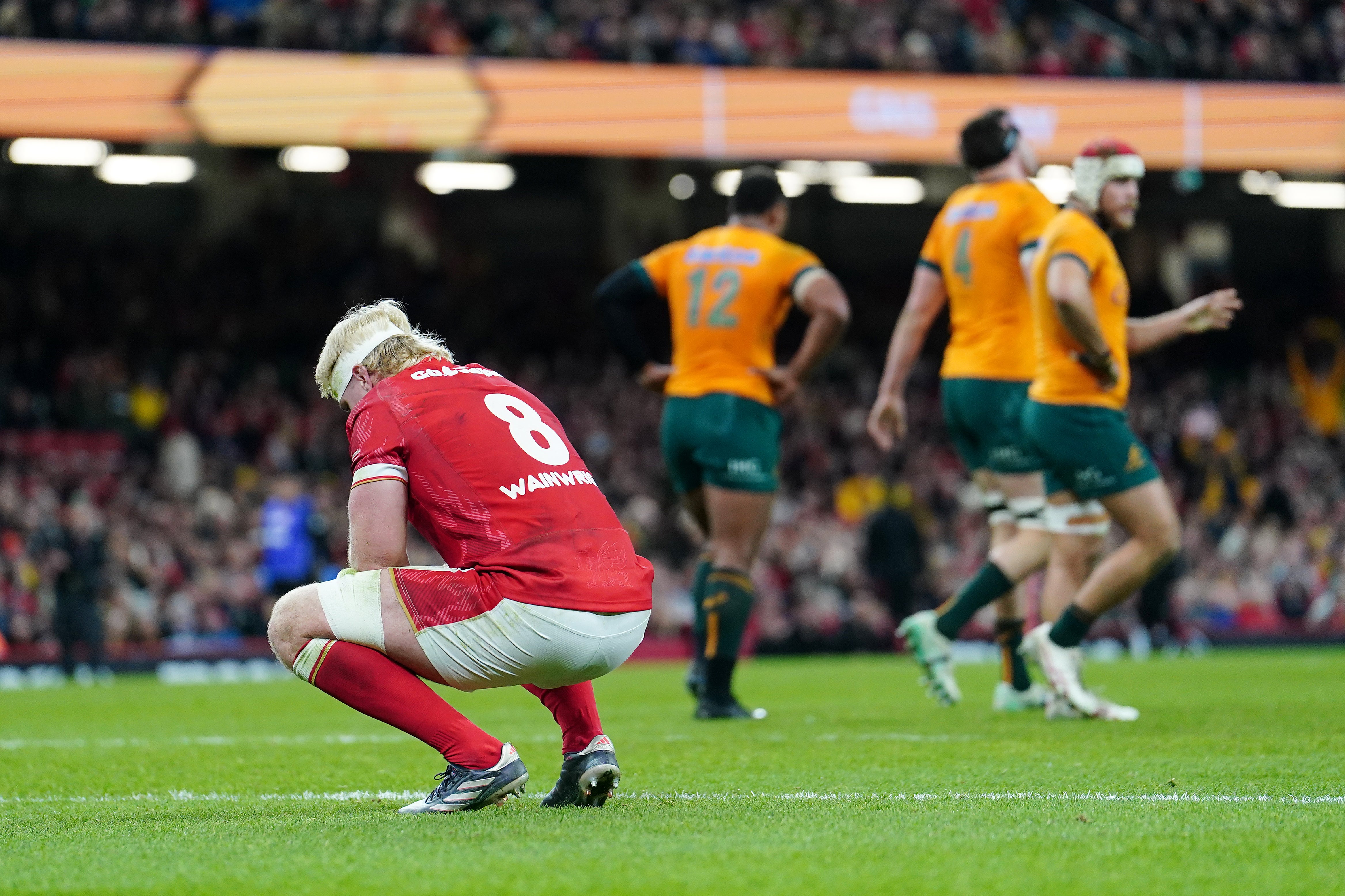 Wales’ Aaron Wainwright reacts after Australia’s Nick Frost scored his side’s second try