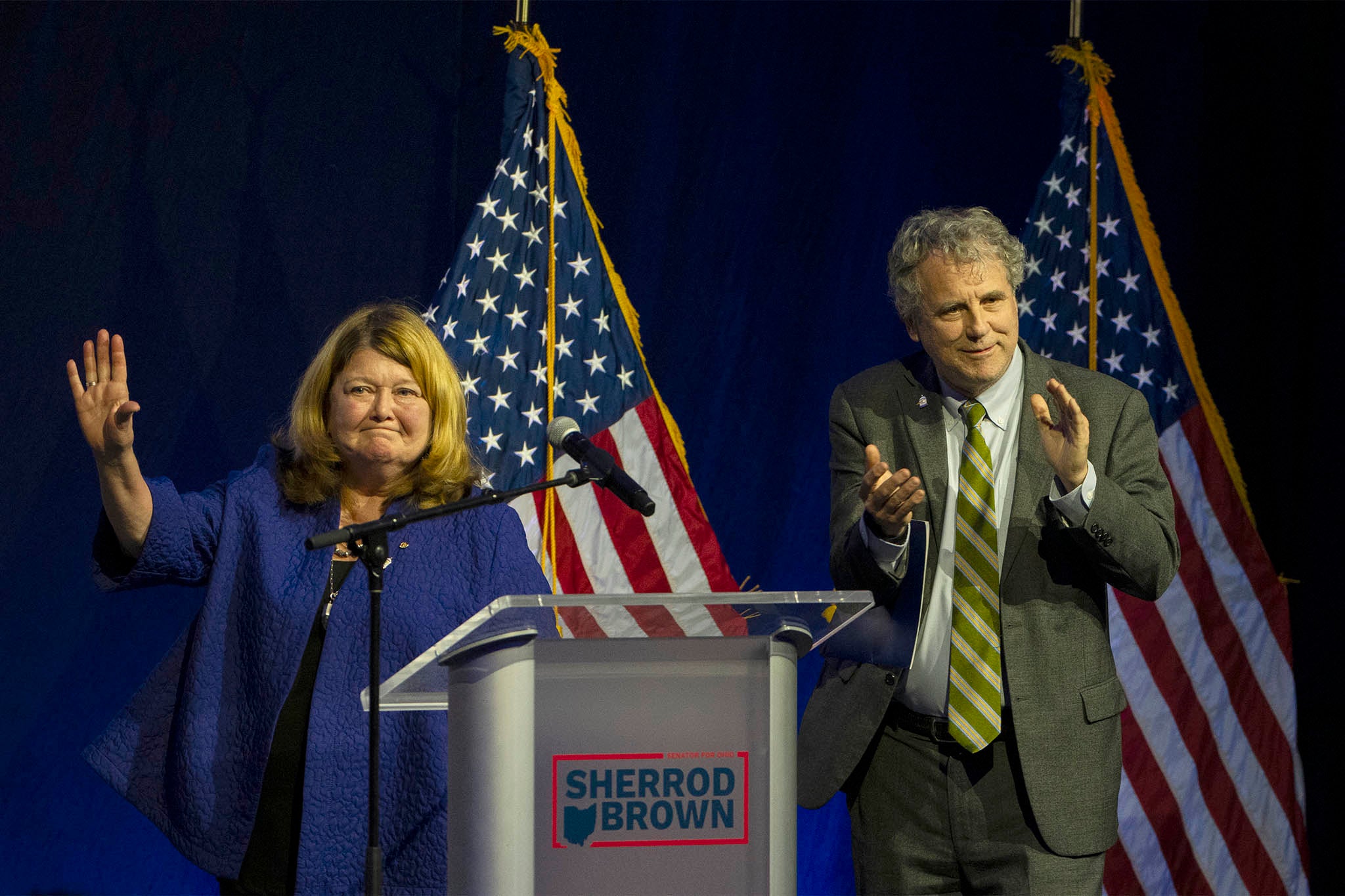 Senator Sherrod Brown and his wife, Pulitzer Prize winning columnist Connie Shultz, arrives to give a concession speech during an Election Night party on November 5, 2024 in Columbus, Ohio. Brown lost his re-election bid to Republican nominee for U.S. Senate Bernie Moreno