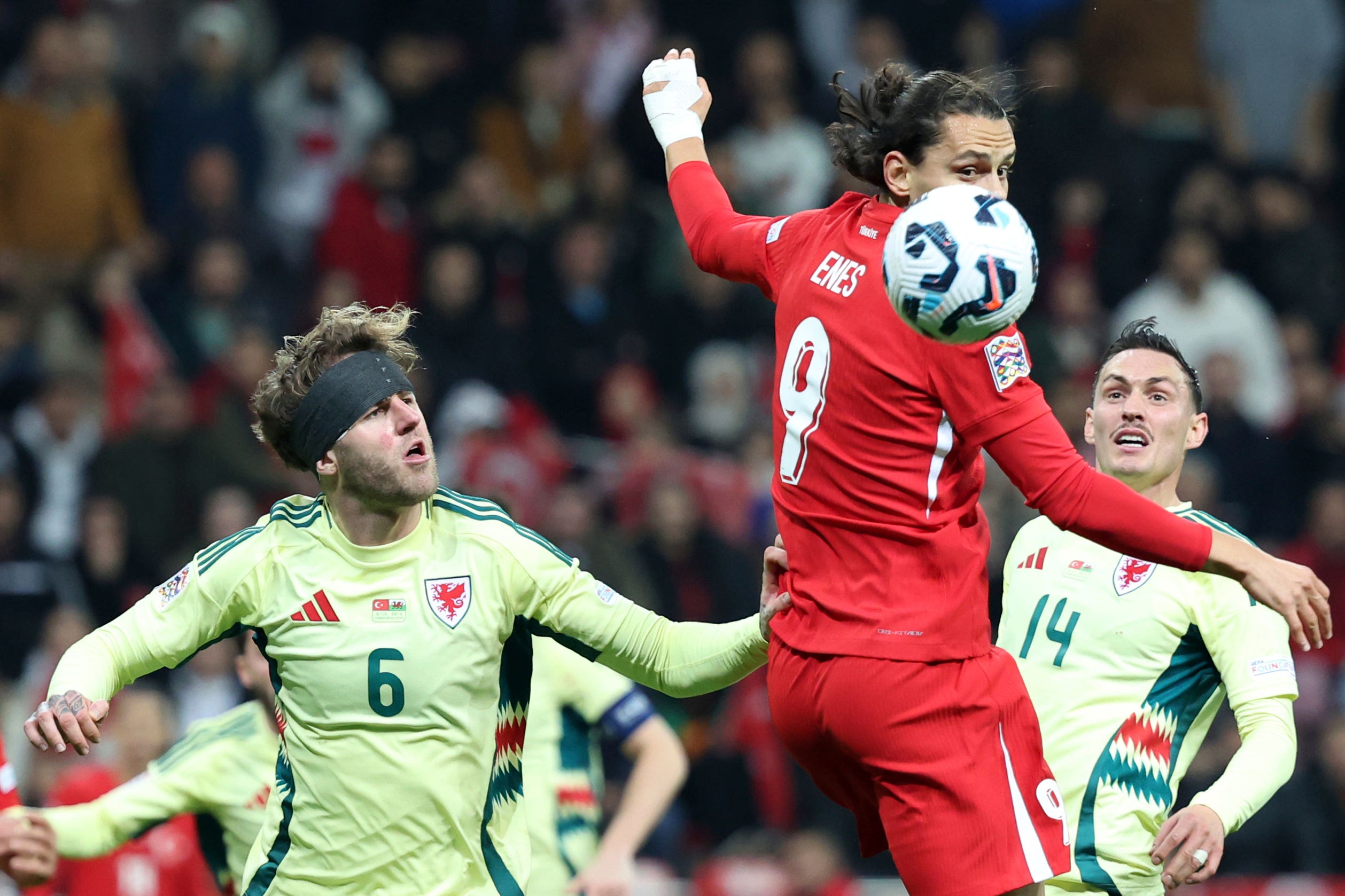 Joe Rodon, left, was named Wales player of the match in their 0-0 Nations League draw against Turkey (Huseyin Yavuz/Dia Photo via AP)