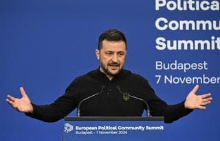 Ukraine’s president Volodymyr Zelensky gives a press conference at the European Political Community Summit in Budapest, Hungary, on 7 November 2024