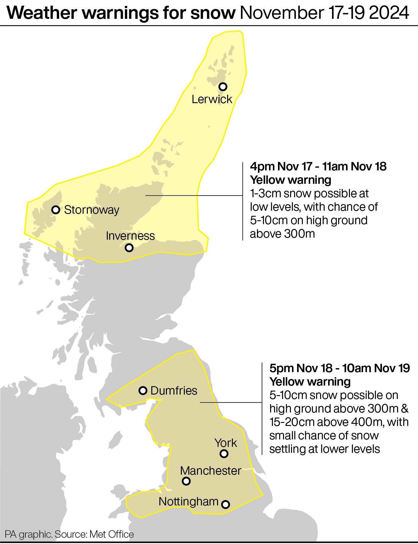 A graphic showing weather warnings for snow between 17 - 19 November